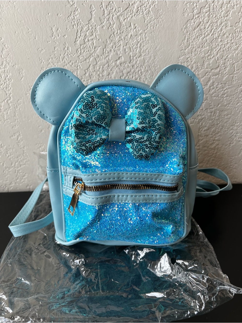 Kids Minnie Mouse Blue Sparkle Mini Backpack with Bow